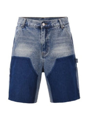 Panelled denim carpenter shorts in dark and medium blue wash with raw hem
