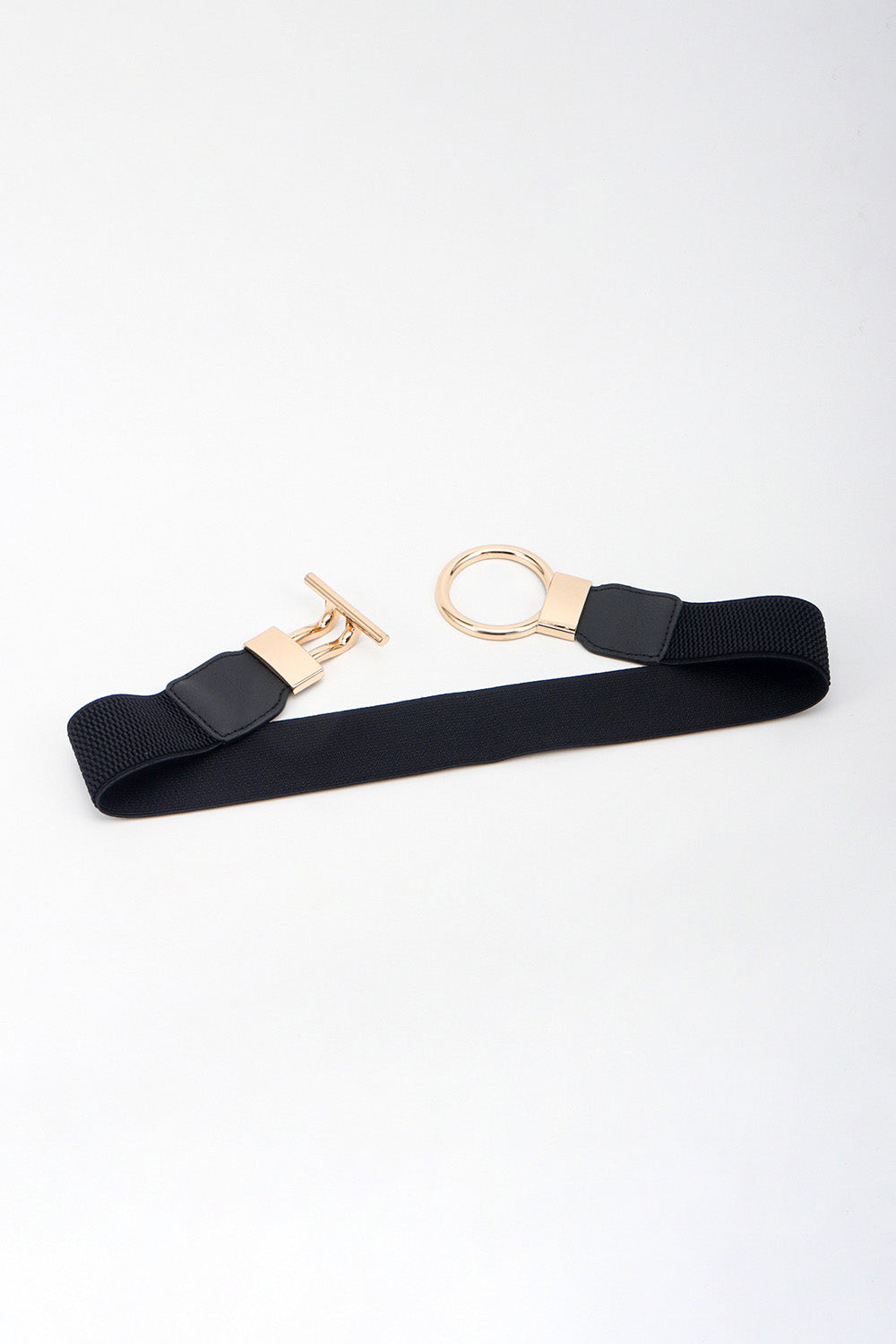 Black elasticated ring buckle belt with gold hardware detail