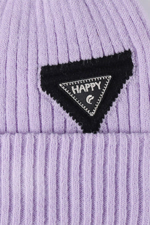 Purple ribbed acrylic beanie with black triangle "HAPPY" patch detail