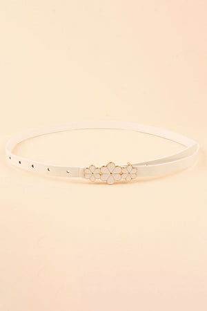 White skinny belt with floral buckle detail