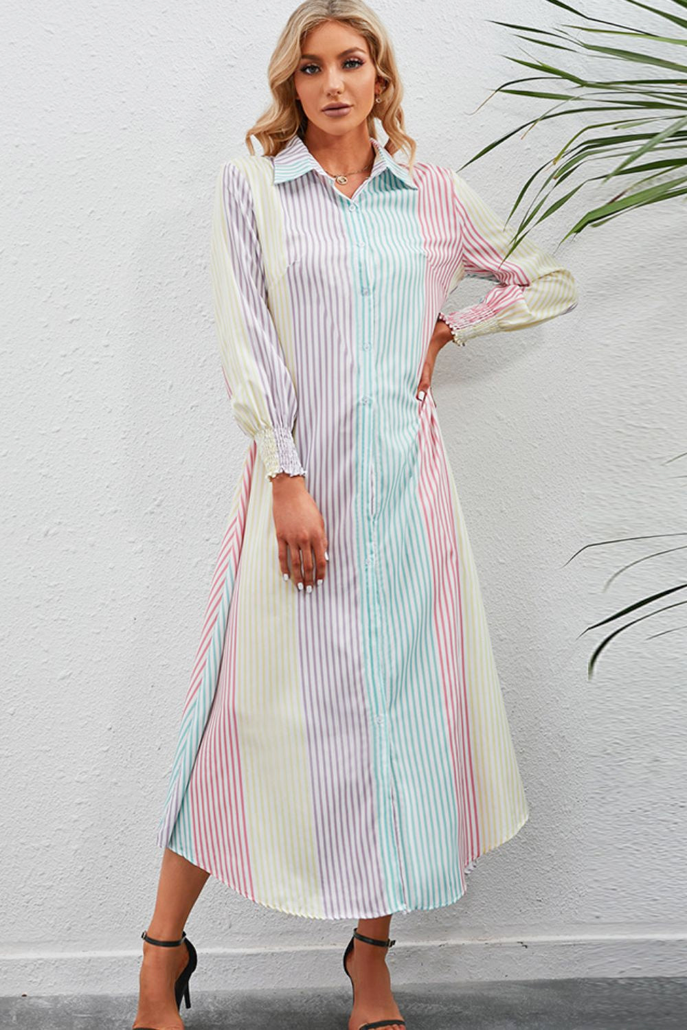 Vertical stripe shirtdress with collared neck and smocked cuffs