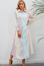 Vertical stripe shirtdress with collared neck and smocked cuffs