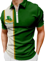 Men's color block polo with Leprechaun graphic and zipper neckline in dark green and white.