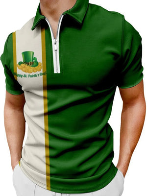Men's color block polo with Leprechaun graphic and zipper neckline in dark green and white.