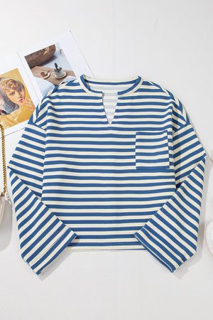 Peacock blue and white striped henley top with chest pocket and v-neck.