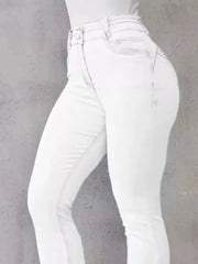 White high-waisted flare jeans with button closure and cotton spandex blend.