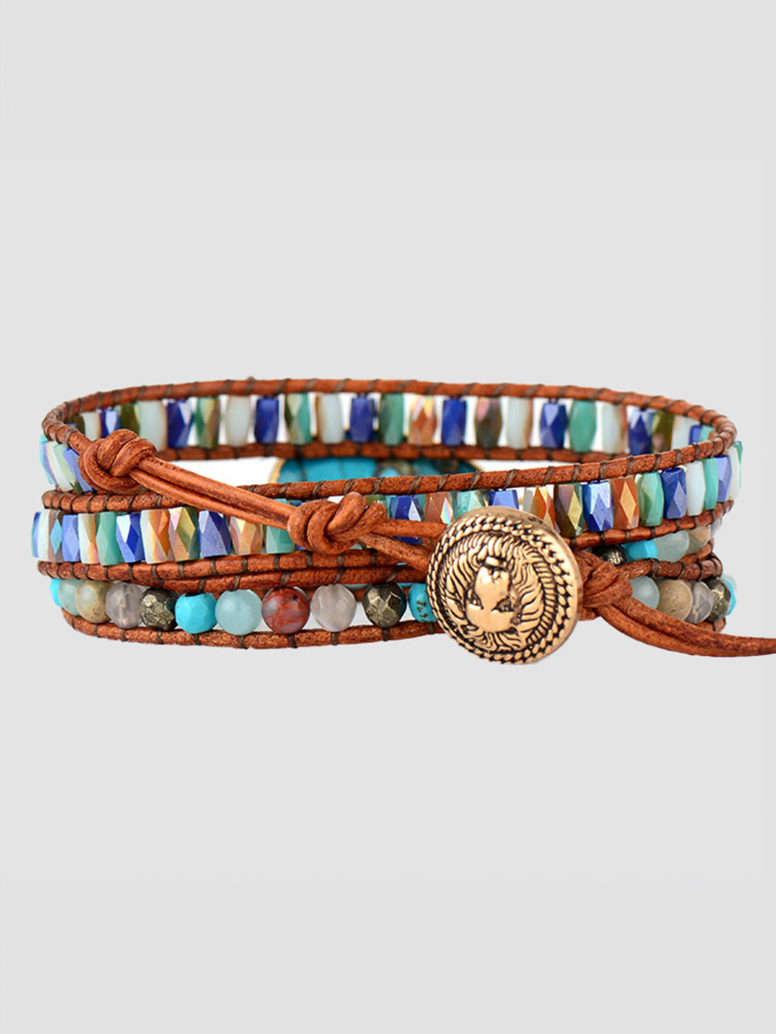 Aqua stone and leather wrap bracelet with a gold-tone button closure