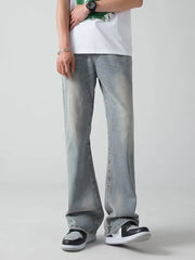 Men's light blue wide-leg jeans with a faded wash and relaxed fit.