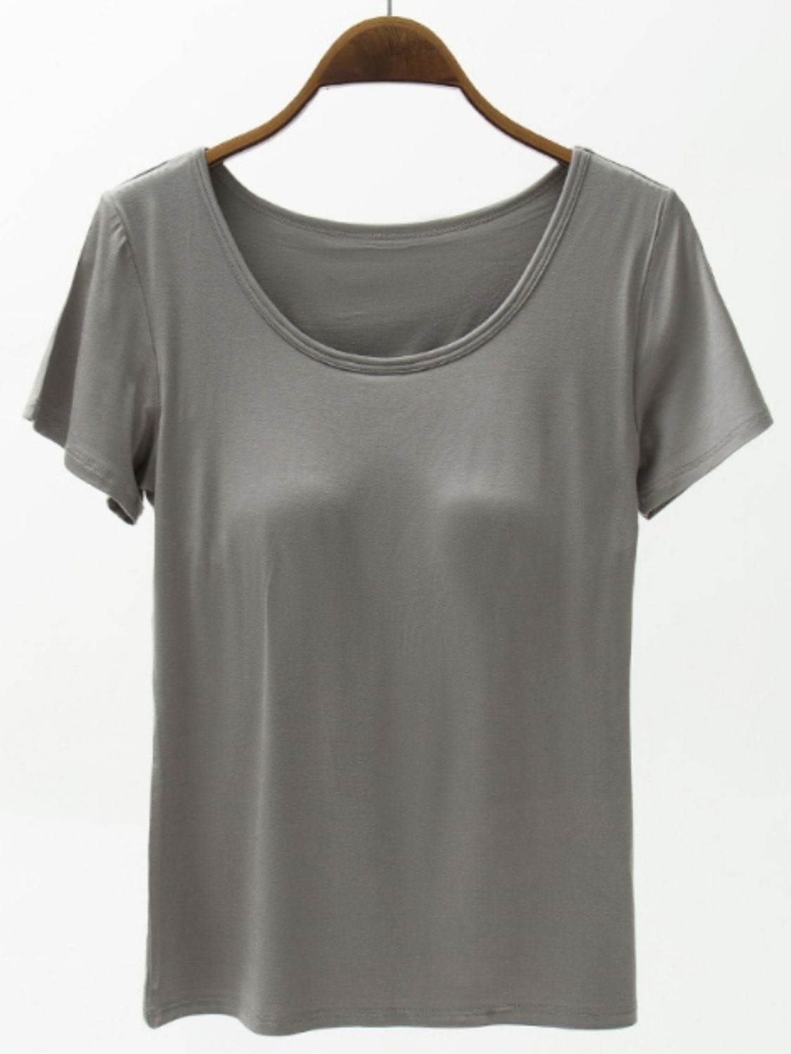 Gray scoop neck t-shirt with built-in bra detail
