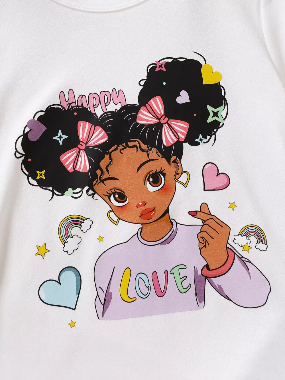 White cartoon graphic t-shirt with girl saying love and happy, hearts, rainbows, stars