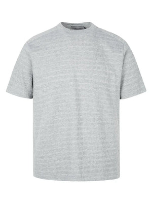 Men's gray textured knit crew neck t-shirt with short sleeves.