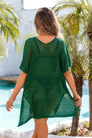 Green open-knit beach poncho cover up with short sleeves and V-neck.