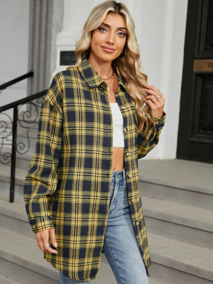 Oversized yellow and black plaid shacket with button front and collar.