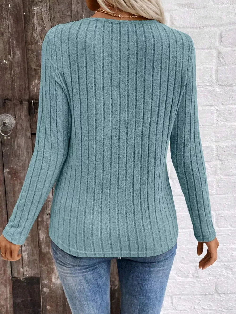 Ribbed V-neck Long Sleeve T-shirt in Grey, editorial view