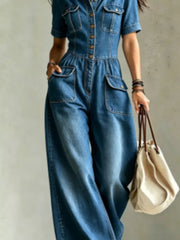 Denim Wide-leg Jumpsuit With Chest Pockets in Black, fit detail