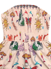 Smocked pink romper with whimsical butterfly and mushroom print