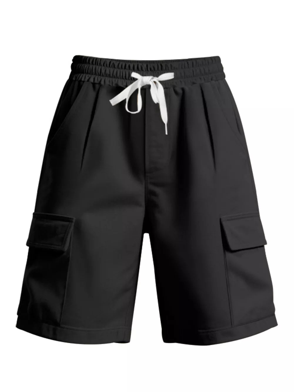 Black men's cargo shorts with drawstring waist and dual flap pockets.