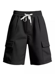 Black men's cargo shorts with drawstring waist and dual flap pockets.