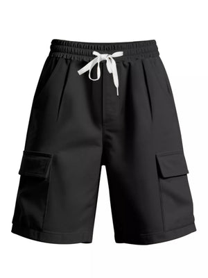 Black men's cargo shorts with drawstring waist and dual flap pockets.