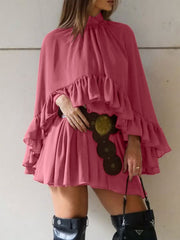 Elegant deep rose mini dress with ruffle trim, high neck, and tiered ruffled sleeves.