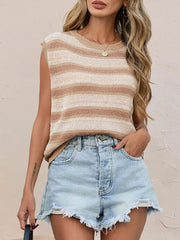 Ribbed striped knit top with round neck and sleeveless cut in tan and cream.