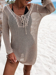 Khaki open-knit beach dress with lace-up neckline and long sleeves.