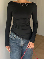 Black long sleeve tee with ruched side detail and boat neck
