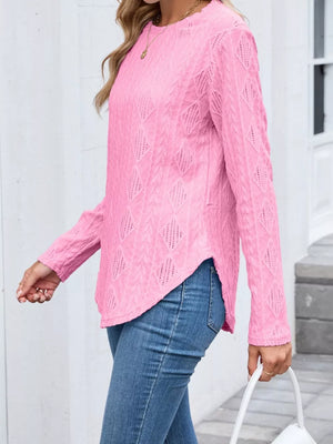 Textured Diamond Knit Long Sleeve T-shirt in Pink, model styling view