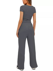 Ruched Short-sleeve Pants in Khaki Color, model styling view