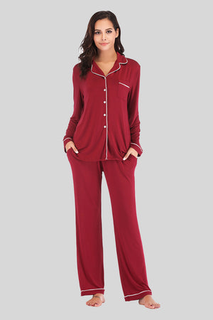 Piped trim pajama set in wine with long sleeves, button front, chest pocket and side pockets.
