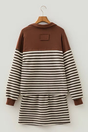Striped Contrast Trim Button Neck Top & Mini Skirt Set, fit detail