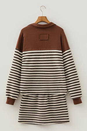 Striped Contrast Trim Button Neck Top & Mini Skirt Set, fit detail
