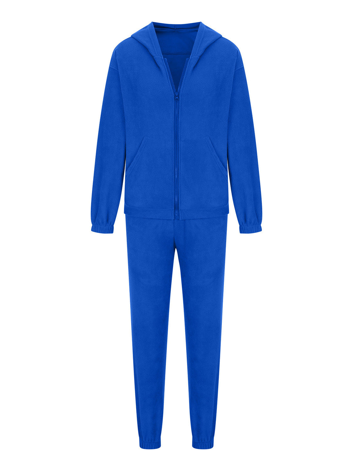 Royal blue fleece hoodie and jogger set with zip front and pockets.