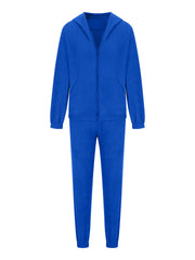 Royal blue fleece hoodie and jogger set with zip front and pockets.