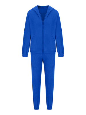 Royal blue fleece hoodie and jogger set with zip front and pockets.