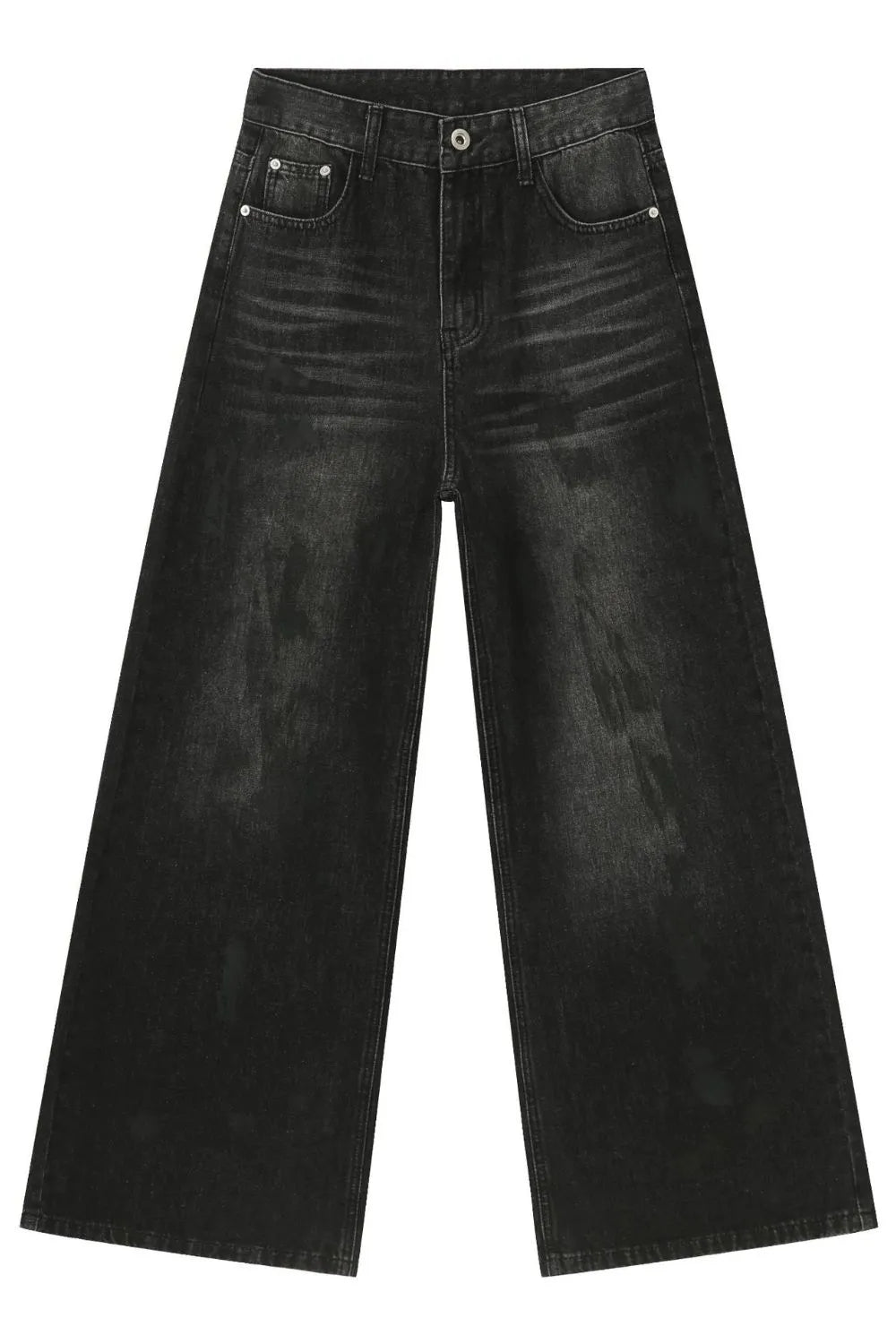 Oversized charcoal wash denim jeans with a wide leg and distressed detailing.