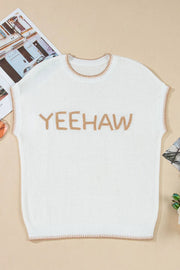 White knit top with embroidered YEEHAW and stitch trim detail