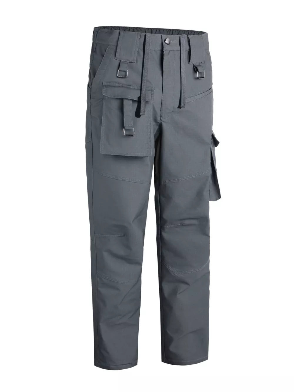Men's grey functional cargo pants with multiple pockets and buckle details.