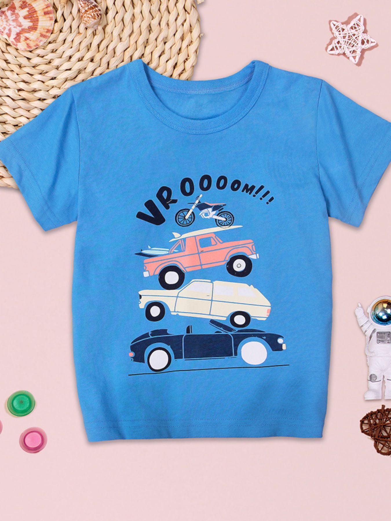 Blue crew neck t-shirt with stacked vehicle graphic and "VROOOOM!!!" text.