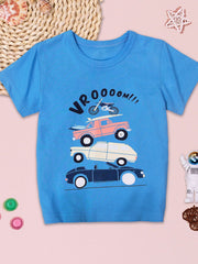 Blue crew neck t-shirt with stacked vehicle graphic and "VROOOOM!!!" text.
