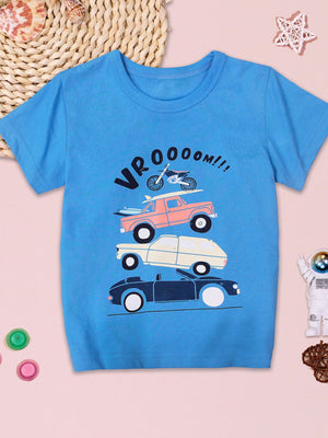 Blue crew neck t-shirt with stacked vehicle graphic and "VROOOOM!!!" text.