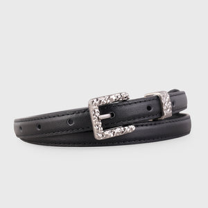 Black textured cowhide leather belt with a hammered silver buckle.