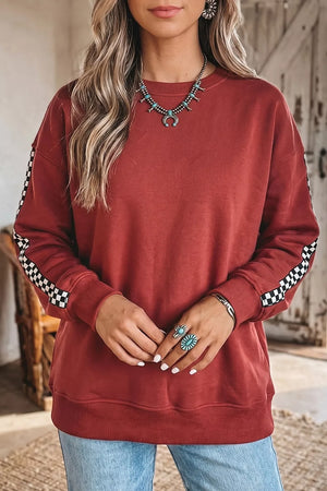 Checkered Trim Long Sleeve Round Neck Sweatshirt in Rust, front view