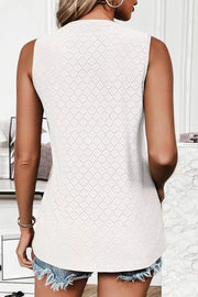 Textured sleeveless scoop neck top in white with diamond eyelet pattern