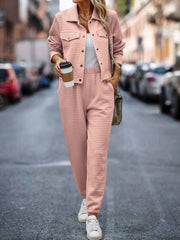 Quilted co-ord set in watermelon pink, featuring a button-front jacket and joggers.