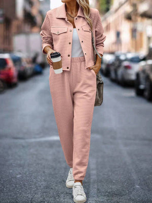 Quilted co-ord set in watermelon pink, featuring a button-front jacket and joggers.