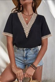 Black lace trim v-neck blouse with short sleeves