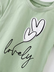 Baby girls' light green cotton blend t-shirt with heart graphic and "lovely" text.
