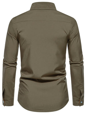 Olive green button-down shirt with contrast trim and buttoned cuffs.