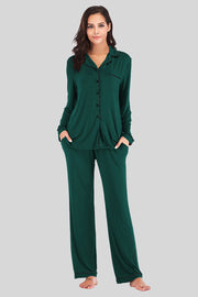 Green piped trim pajama set with pockets and button-up shirt